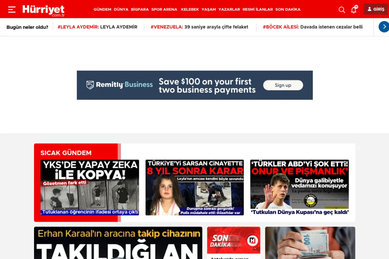 hurriyet.com.tr web sitesi ekran görüntüsü - Haber - DA 88