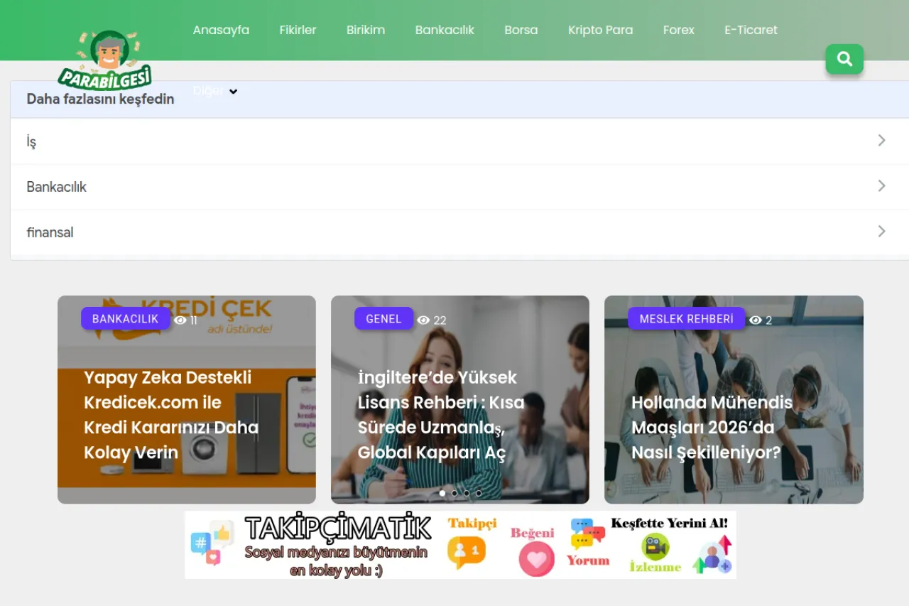 parabilgesi.com web sitesi ekran görüntüsü - Finans - DA 60