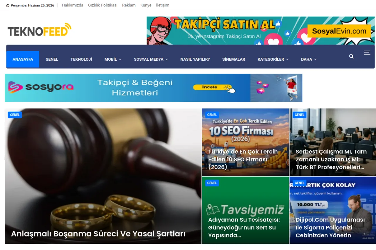 teknofeed.com web sitesi ekran görüntüsü - Haber - DA 55