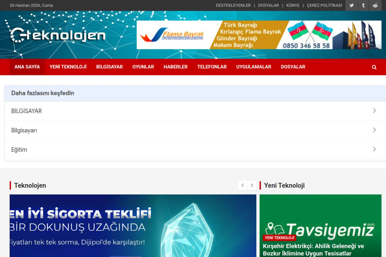 teknolojen.com web sitesi ekran görüntüsü - Haber - DA 55